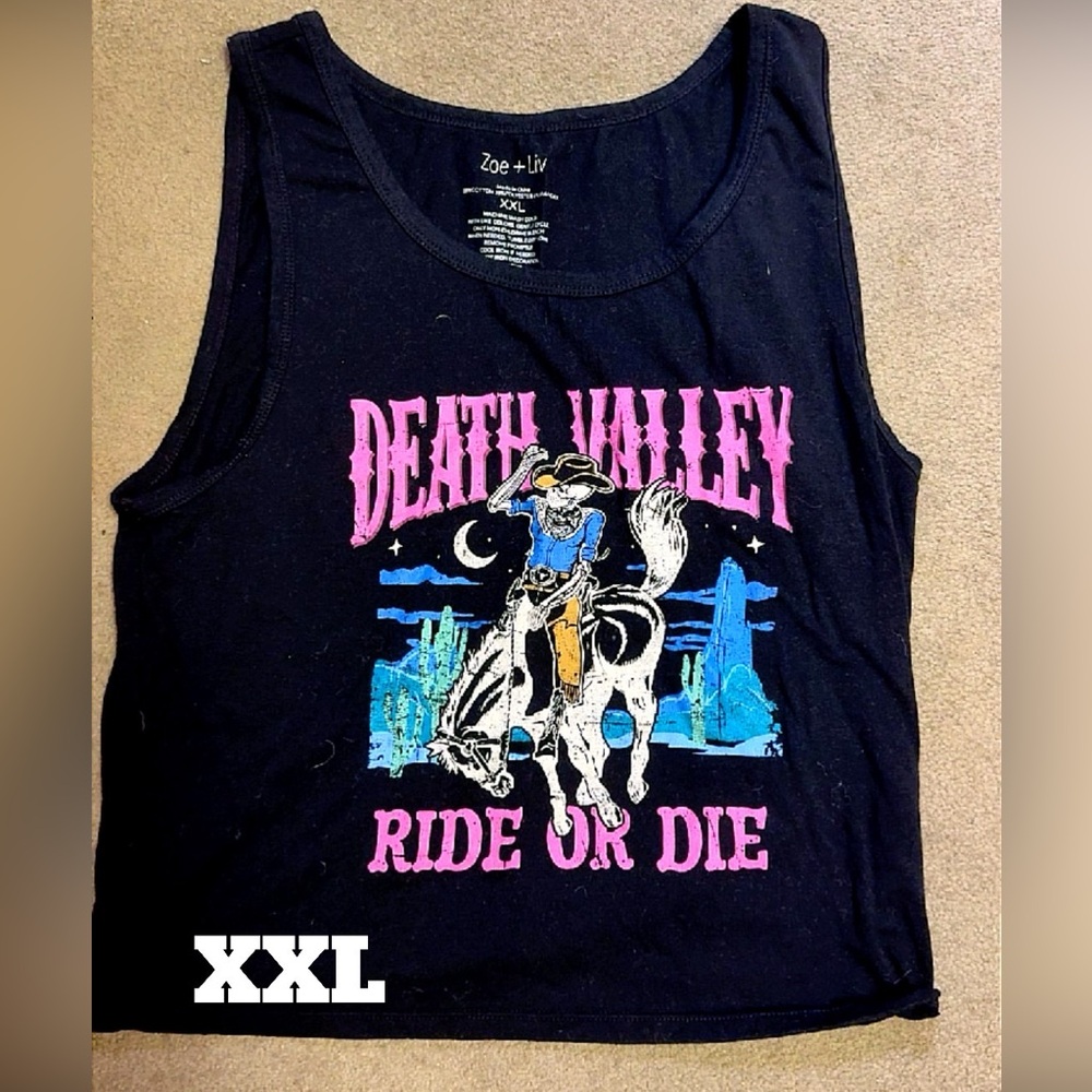 Zoe + Liv Black Tank with Pink and Blue Graphic. Fits more like a large